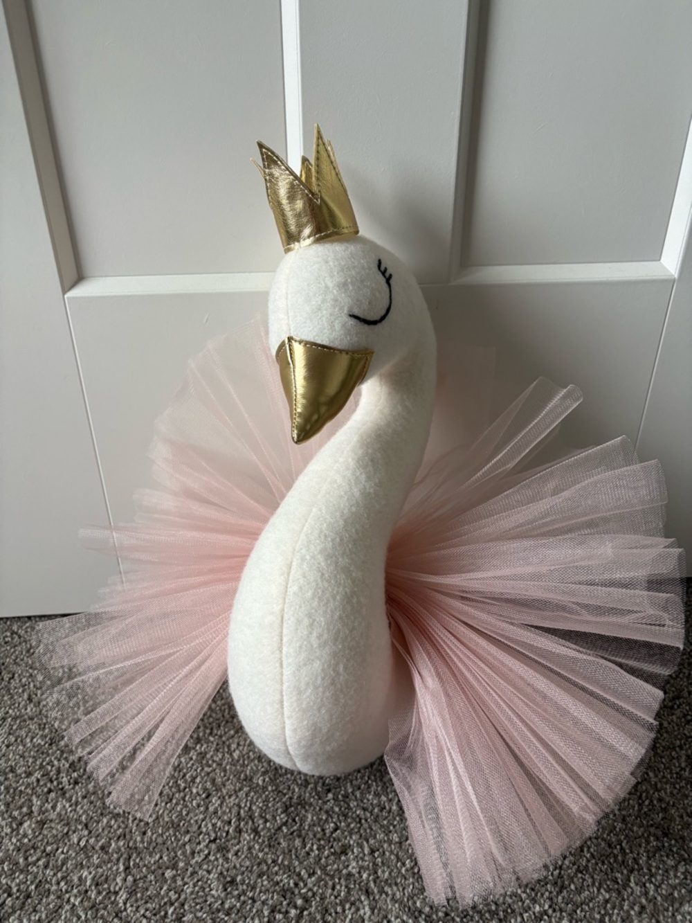 Plush Swan Toy Decor with Pink Tulle Skirt and Gold Accents